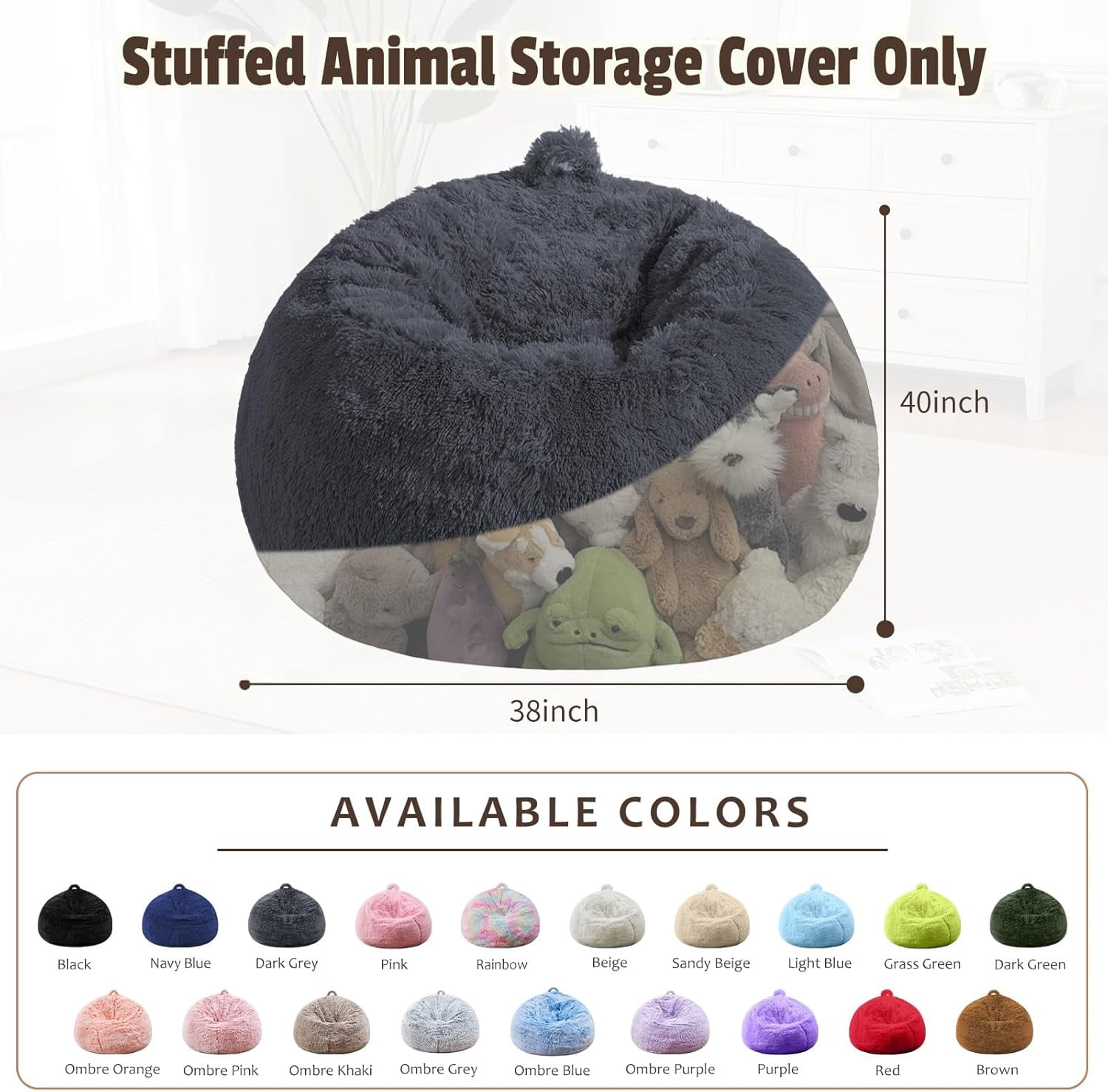 Bean Bag Cover (No Filler) Soft Faux Fur Stuffed Animal Bean Bag Storage, Fluffy Plush Bean Bag Chair Cover Washable, Comfy Bean Bag Covers for Adults Kids Teens