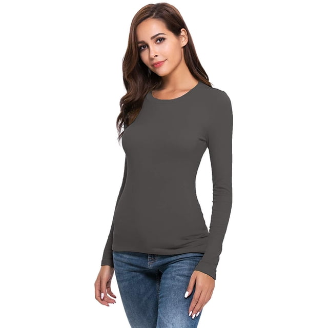 Women Long Sleeve Crew Neck/Scoop Neck Rayon Slim Fit Stretchy Layer T Shirts Tops