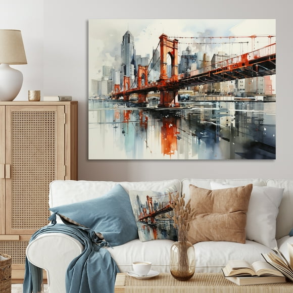 Designart Bridges Oversized Wall art decor, Bridges Wall Art, Red Bridge City Connection , Red Traditional Canvas wall art, 40x30 inches
