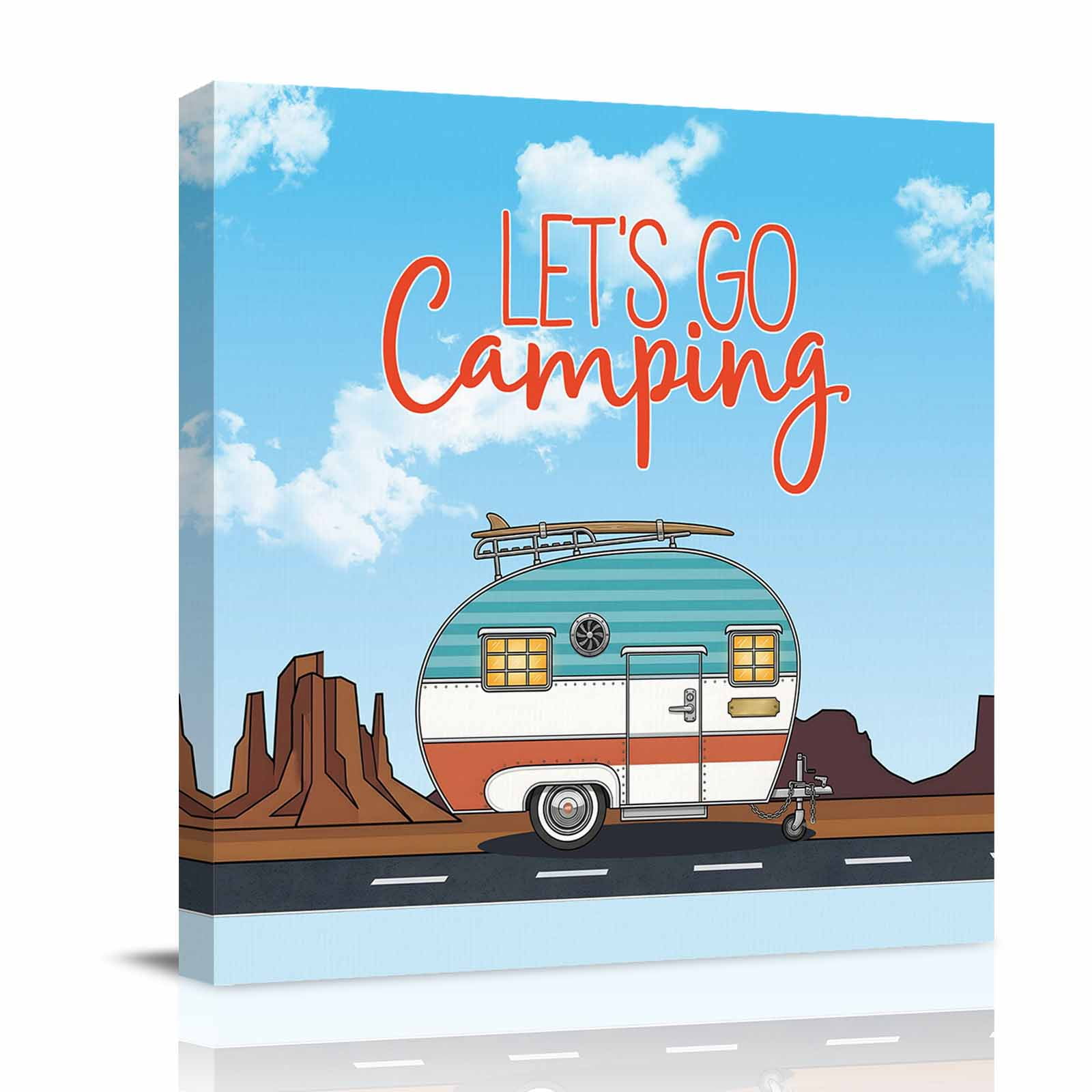 Canvas Wall Art Cute Camping Framed Canvas Prints for Bathroom Kitchen Summer Travel Sky Mountain Blue Gallery Wrapped Wall Decor for Home Office Gifts 10 x10 Ship Next Day