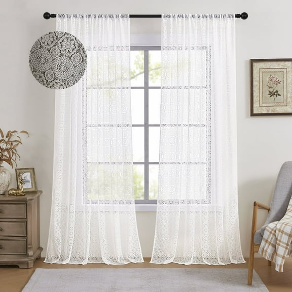 2 Panels White Floral Lace Sheer Curtains, Boho Vintage Style Textured Rod Pocket Light Filtering Voile Drapes for Bedroom, 39x78inch