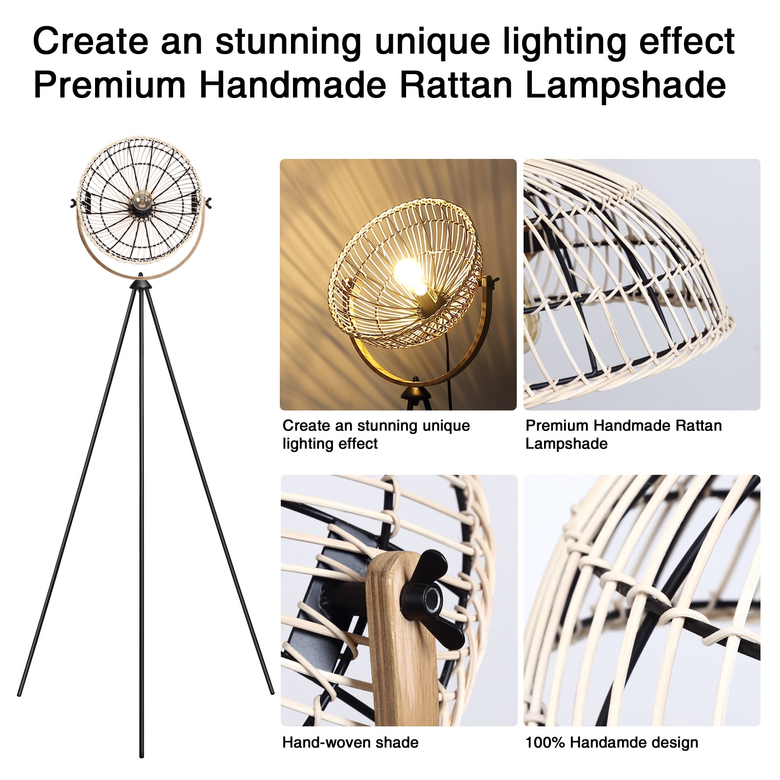Osasy 65.8 in Rustic Boho Adjustable Height Metal Tripod Floor Lamp with Beige Bowl Shade