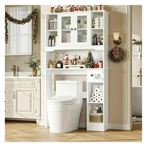 Over The Toilet Storage Cabinet, Over Toilet Bathroom Organizer with 2 Glass Doors & Paper Holder, Bathroom Shelves Over Toilet with Adjustable Shelves for Restroom and Laundry Room, White