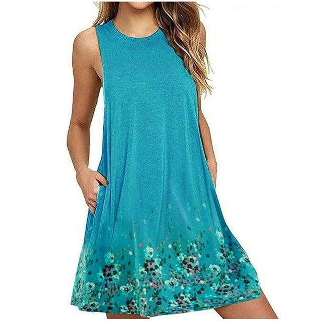 Heliisoer Robe pour Femme, Liquidation Été Mode Femme Col Rond Imprimé Poches Sans Manches Ligne A Nuisette Décontractée Robe
