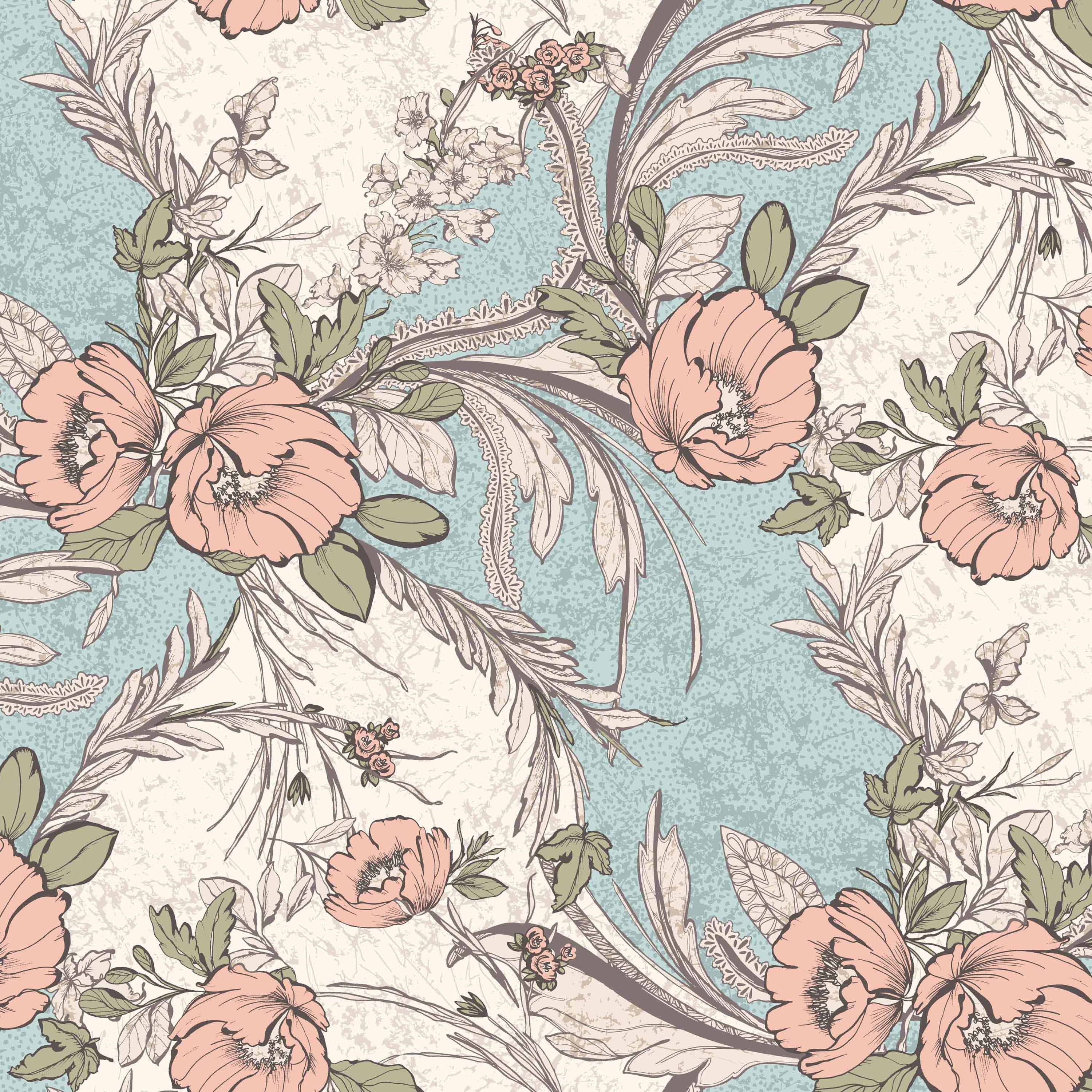 FREE SHIPPING!!! Mint Peach Large Floral Pattern Printed on Hi-Multi ...