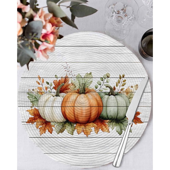 15 Inch Round Placemats Set of 6, Orange Green Grey Fall Non Slip Heat Insulation PP Table Mats, Botanical Thanksgiving Pumpkins Vintage Washable Place Mats for Kitchen Dining Party Table Decor