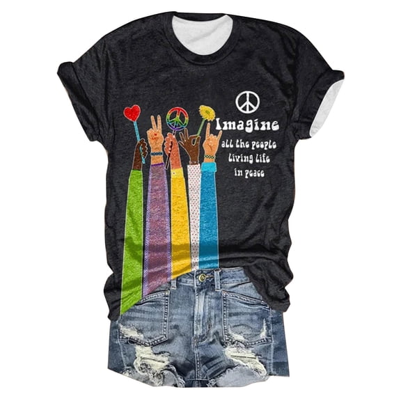 Womens Shirts Retro Hippie Print Crew Neck Summer Tshirts Shirts for Women Black L