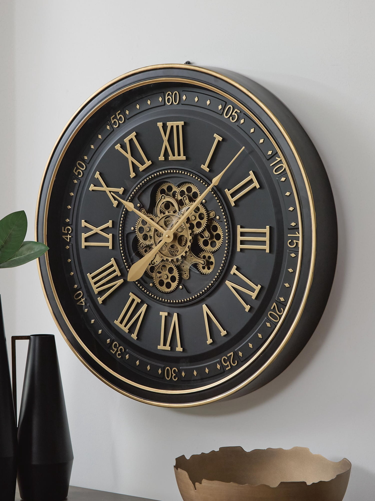 Signature Design by Ashley Dairton Wall Clock, Black & Gold Finish, Industrial Gear Design, Roman Numerals, 32-Inch Round