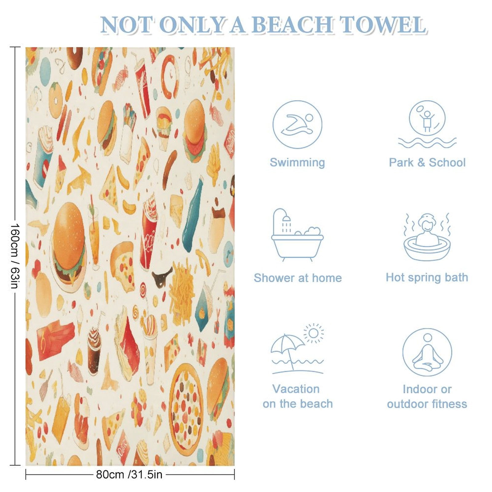 Delicious Pizza Burger Beach Towel – with A Unique Design, Extra Large,XL (32”x 63”) for Kids & Adults