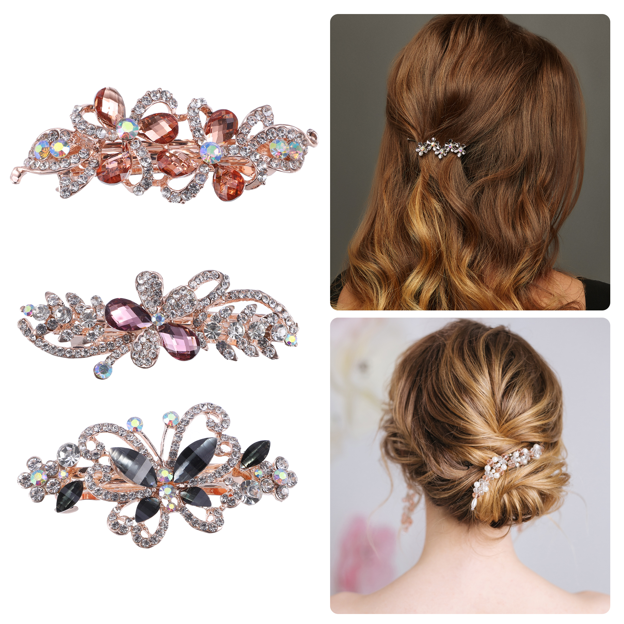 Unique Bargains 3Pcs Hair Barrettes Sparkly Rhinestones Hairpin