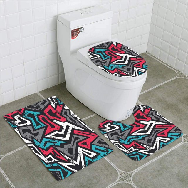 ABPHQTO Formas abstractas de grunge en Graffiti Art Style Underground Hip Hop Culture Funky Juego de alfombras de baño de 3 piezas Alfombra de baño Alfombra de contorno y tapa de inodoro ABPHQTO Cont-CHAPPLE-11421