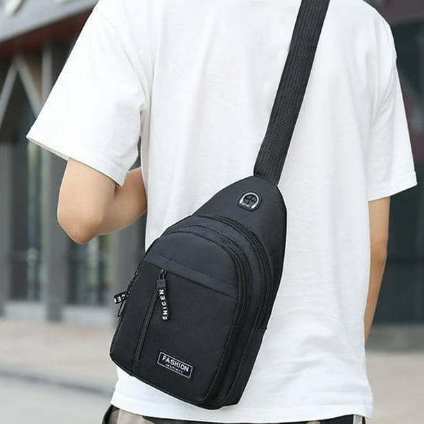Mochila con tira cruzada y agujero para auriculares | Mochila de cofre multiusos con cabestrillo | Nailon ajustable, múltiples bolsillos, diseño ligero | 1 Pieza | 11,81x7,08x2,36 in | Negro Gris