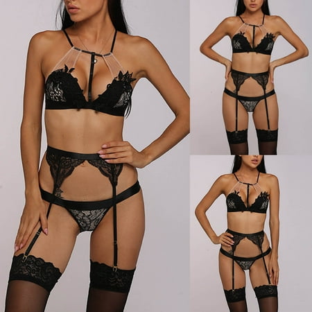 

Fengqque Women s Sexy Lingerie Lace Petals Spliced Net Yarn Three-Piece Suit Underwear