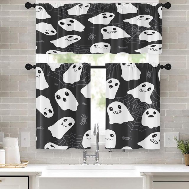 Halloween Cute Spider Ghost Kitchen Curtains Window Curtains and Valances Set 36 Inch, Spooky Spider Web Short Tier Curtain for Kitchen, Grey Small Kitchen Decor