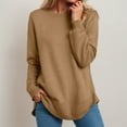 thumbnail image 2 of Womens Shirts Casual Winter Fall Loose Crew Neck Long Sleeve Mitten-Cuff Off the Shoulder Curve Hem Plain Leisure Waffle Knit Tops Top(Khaki,XL), 2 of 7