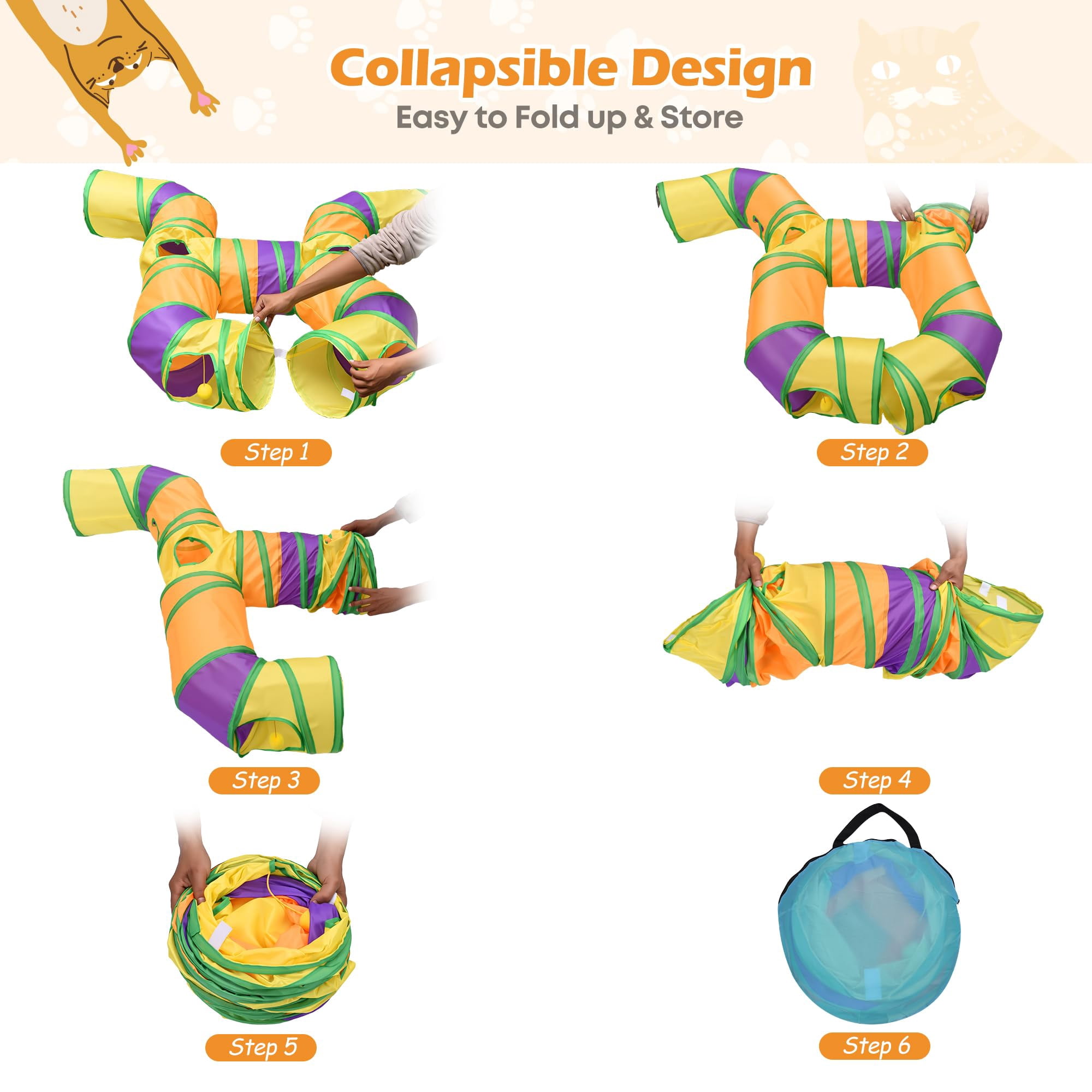 Petizer Collapsible Cat Tunnel Toy, Washable & Tear-Resistant Interactive Pet Tube with Dangling Ball for Indoor Cats and Kittens