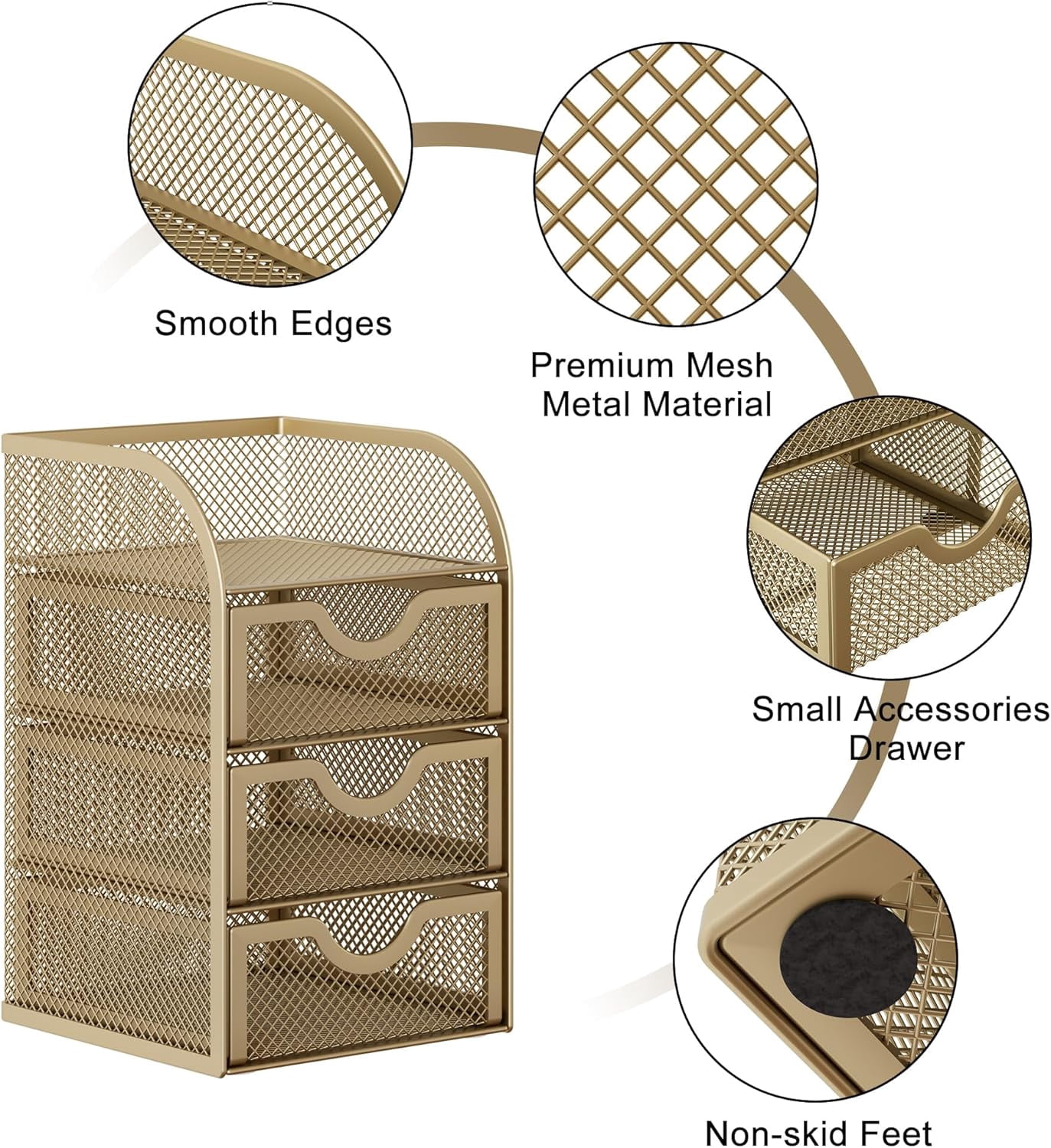 Mesh Desk Organizer with 3 Drawer Office Desktop Organizers and Accessories Stationery Caddy for Office, Home, Students, Gold