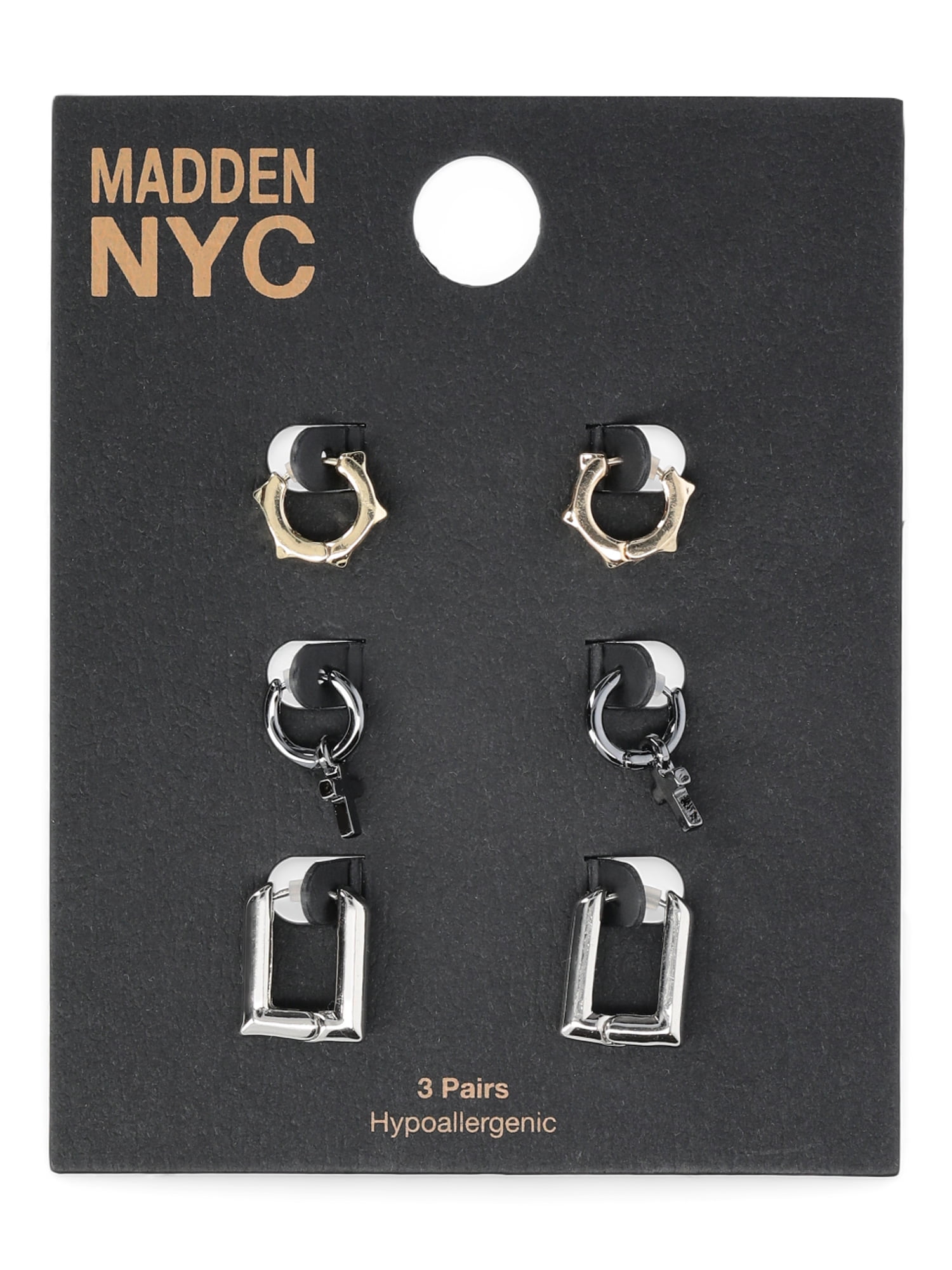 Madden NYC Women's Fashion Tri Tone Cross Charm Mixed Huggie Trio Earring Set