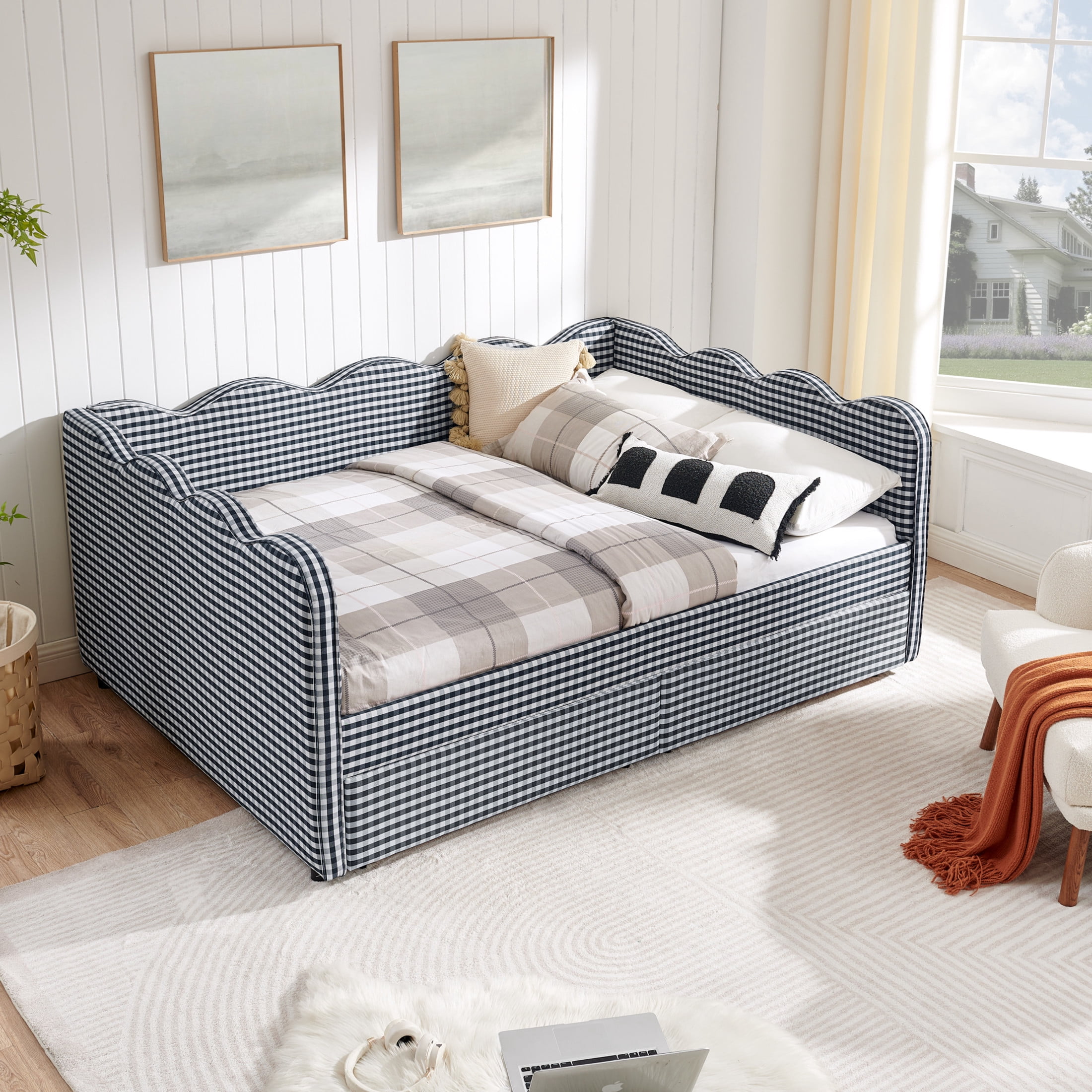 Noble House Corlan Full Size Waved Daybed, Cozy Gingham Linen Sofa Bed with Storage Drawers and Charging Port, Navy Blue