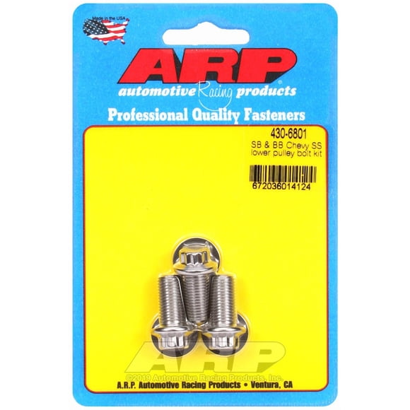 ARP Auto Racing Water Pump Pulley Bolt 430-6801 For Use With Small Block/Big Block Chevy; 3/8 Inch - 24 Thread Size; 0.750 Inch Under Head Length; 12 Point Head Type; 3/8 Inch Socket Size
