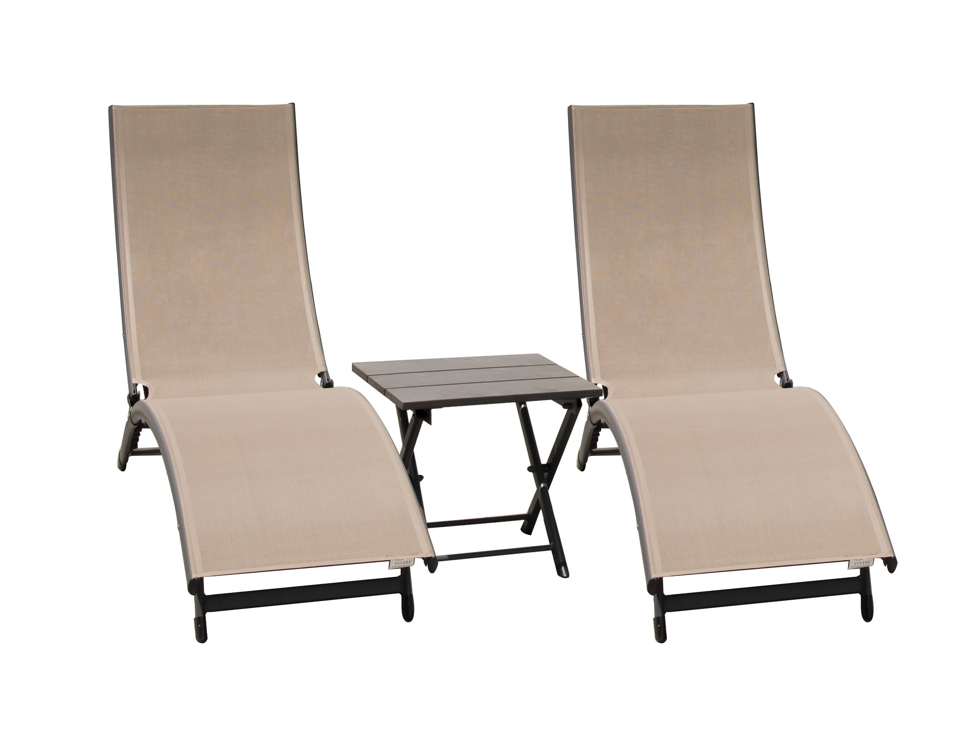 3 Piece Beige and Black Aluminium Folding Table and Reclining Chairs
