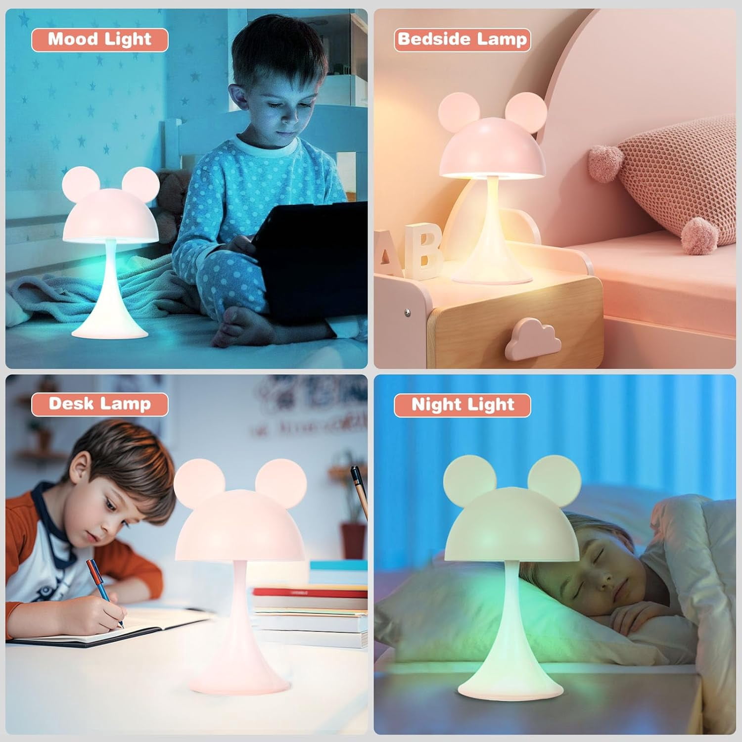 Rechargeable Mouse Shape LED Dimmable Touch Desk Lamp Reading Night Light Cute Bedside Lamp (Pink)