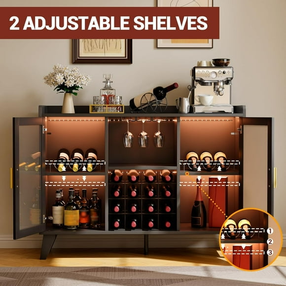GloryStar Home Wine Bar Cabinet with LED Light Freestanding Liquor Cabinet Coffee Bar Kitchen Food Pantry with Storage, Shelves & Microwave Stand for Living Room, Dining Room