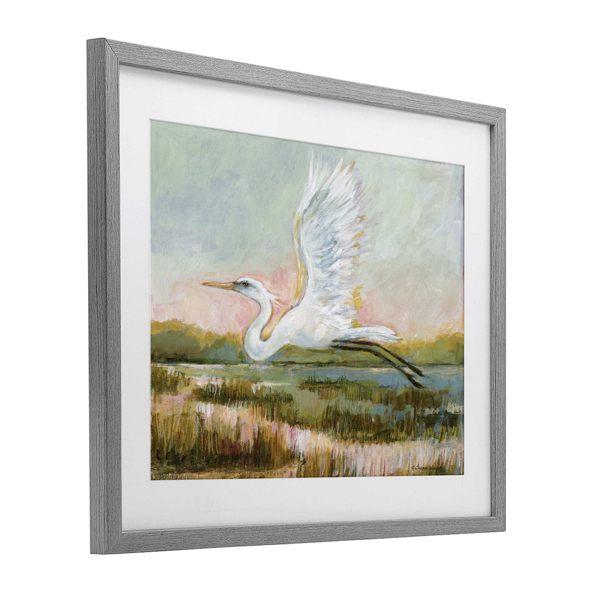 Stupell Industries White Heron Flying Gray Framed Print Under Glass, design by Susan Winget