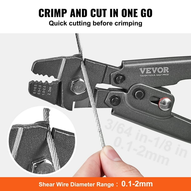 VEVOR Crimping Tool, Up To 2.2mm Wire Rope Crimping Tool, 3/64 - 1/8  Crimping Loop Sleeve Kit with a Cable Cutter and 160pcs Aluminum Buckles,  Teflon Coating Anti-Rust Fishing Crimping Tool 