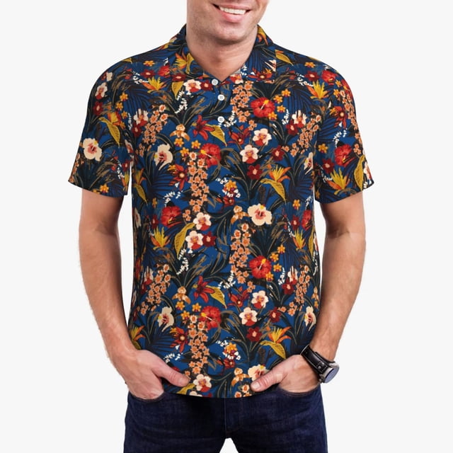Fotbe Vintage Floral Camiseta Polo de Golf para Hombre con Estampado – Camisa Deportiva Transpirable con Cuello Abotonado-4X-Large