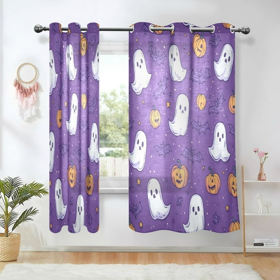 Yayeee Window Curtains Light Filtering 63"x42" Grommet Panel Pair Home Living Room Decor, Halloween Purple Ghosts