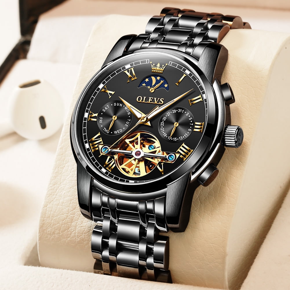 OLEVS Automatic Watches for Mens Skeleton Mechanical Self Winding Chronograph Calendar Classic Dress Moon Phase Multifunction Mens Wrist Watches Luminous Waterproof Stainless Steel Reloj Para Hombre