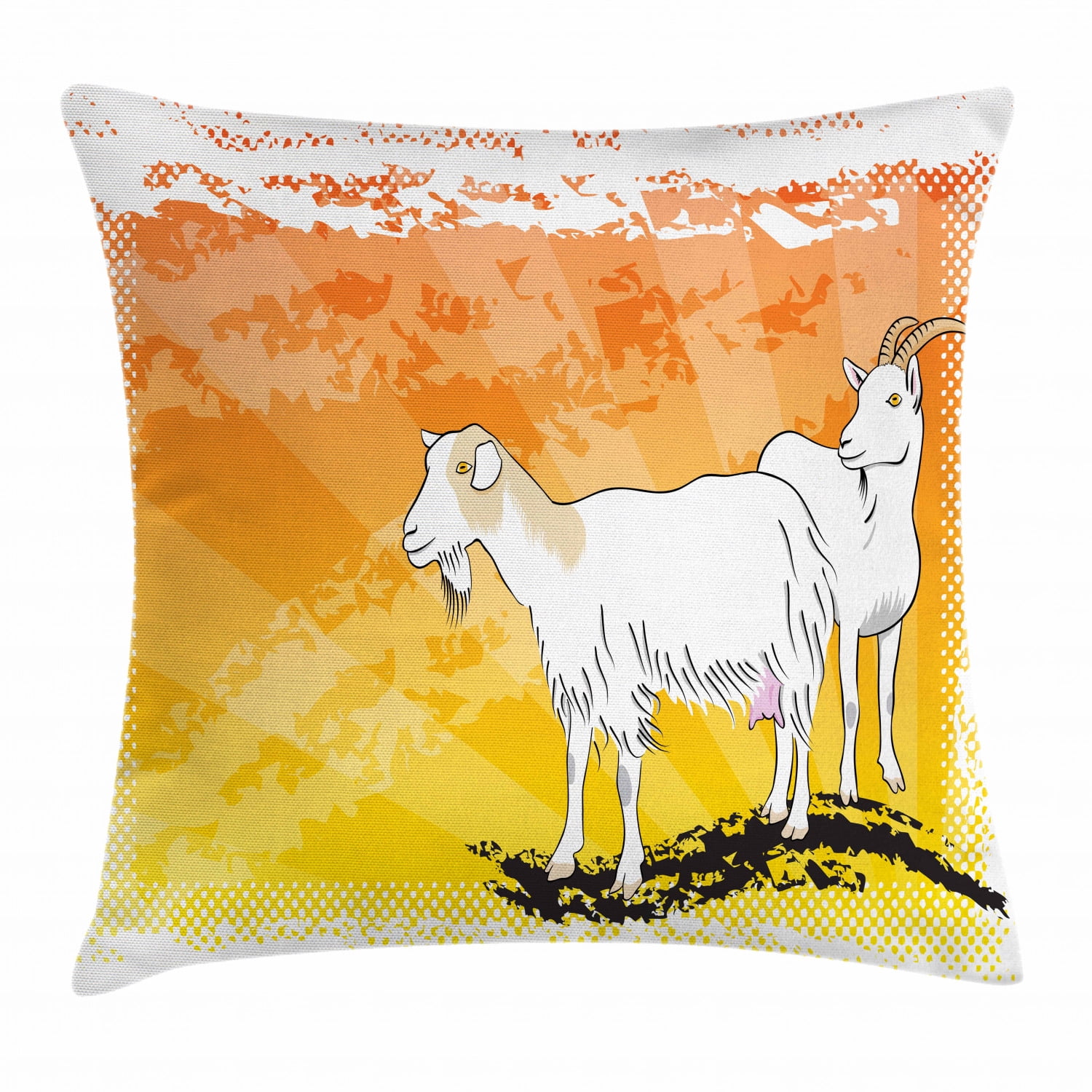 Goat Throw Pillow Cushion Cover, Horned Animal Ranch Theme Two Mammals