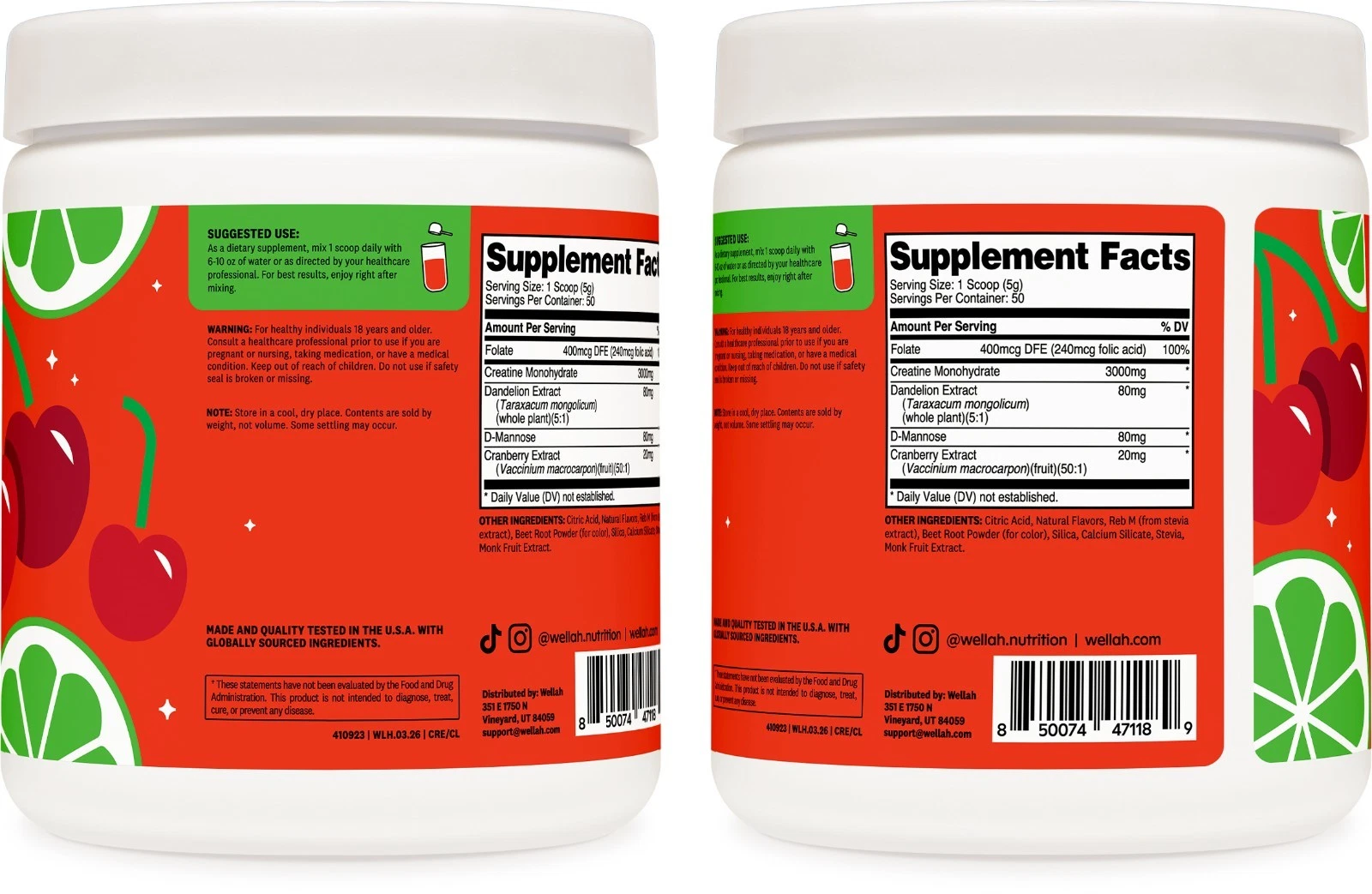 Wellah Creatine for Women (50 Servings) Cherry Limeade - 3g of Creatine Monohydrate Powder with D-Mannose & Cranberry Extract