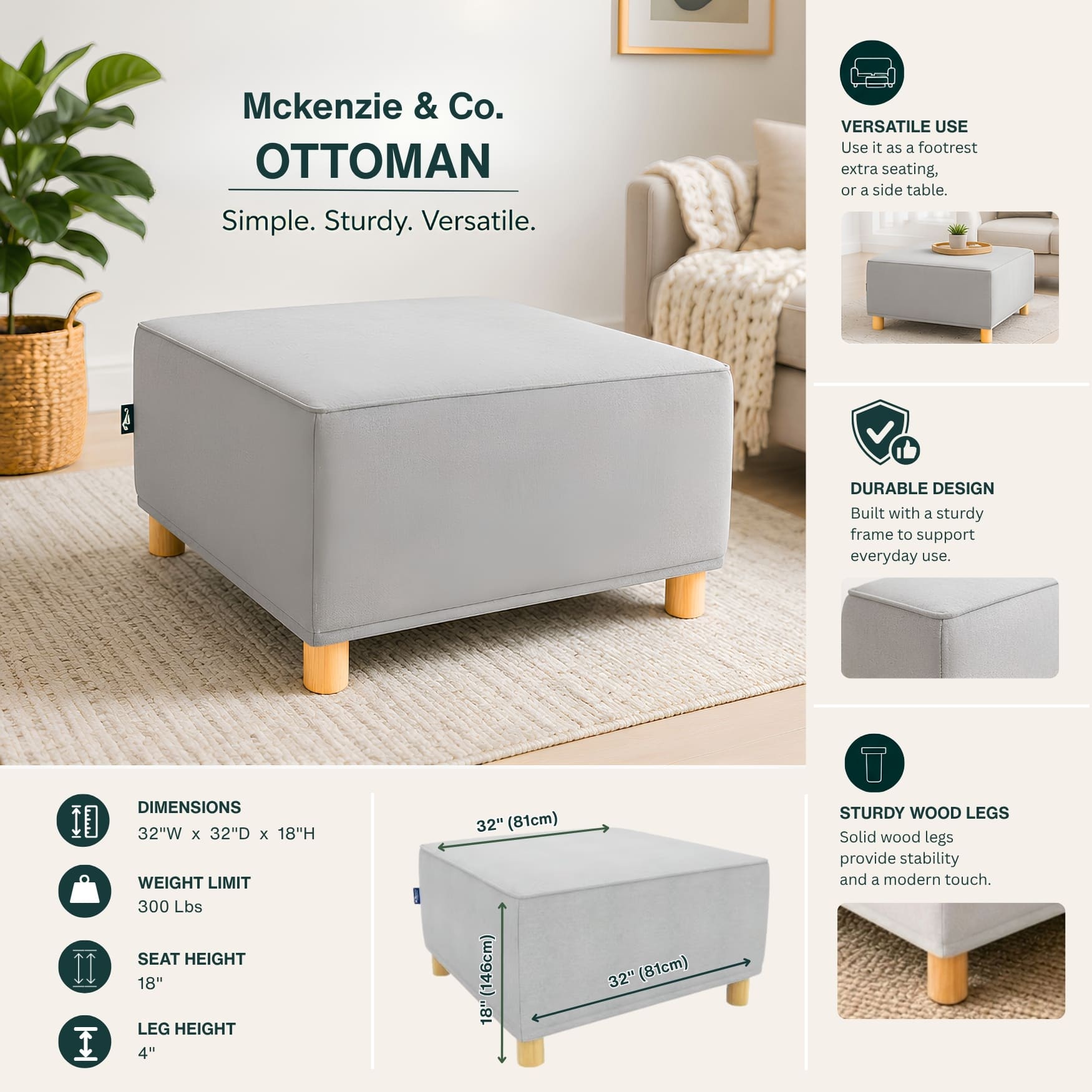 Chromcraft McKenzie Modular Ottoman, Modular Sectional Sofa Component, 1-Piece Single Seat Sofa Couch, Memory Foam Seating, Gray Fabric, Living Room