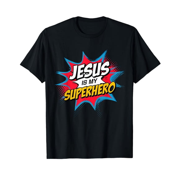 Colorful Comic-Style Jesus is My Superhero T-Shirt for Inspirational Faith Wear