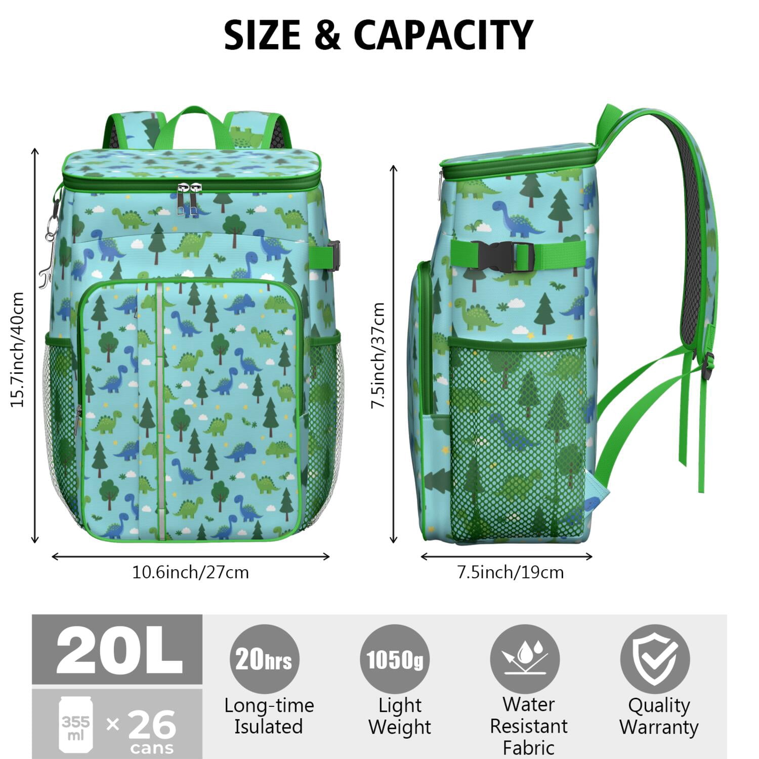 Travel Cooler Bag - Light Blue Dinosaurs Forest Pattern Camping Beer Cooler Backpack with Bottle Opener- Waterproof Insulated Picnic Backpacks - Cooler Bag for Beach