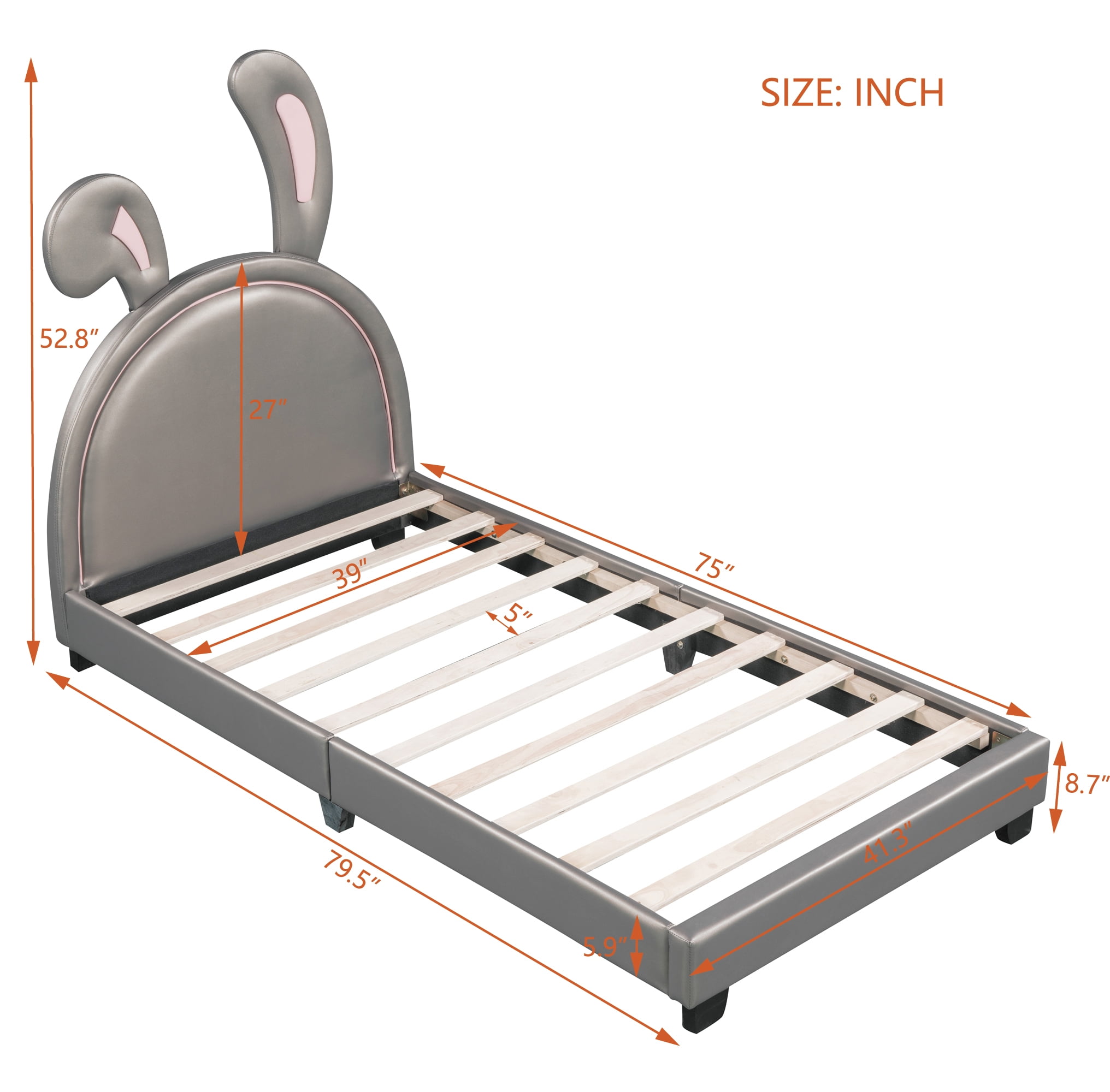 Euroco Upholstered Twin Size Platform Bed, PU Cartoon Bunny Bed for Kids, Gray