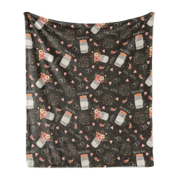Wedding Soft Flannel Fleece Blanket, Save the Date Themed Signs Flowers in Jars Little Pinky Hearts Rings, Cozy Plush for Indoor and Outdoor Use, 50" x 70", Dark Taupe Salmon Coral, by Ambesonne
