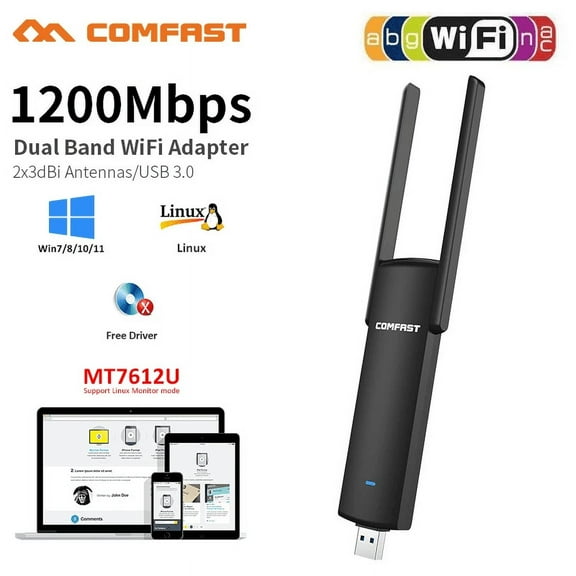 1200Mbps 5Ghz 2.4Ghz USB 3.0 Wifi Adapter Dual Band MT7612U Wi Fi Antenna Dongle LAN Adapter Windows /Linux Desktop/Laptop/PC