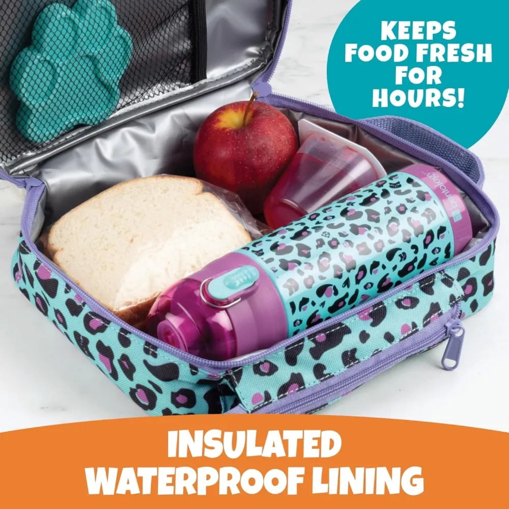 Bentology Kids Lunch Bag Set - Cheetah - w Reusable Hard Paw Print Ice Pack & Insulated Water Bottle - Hot or Cold Food for Hours - Perfect Lunch Box Kit for Boys & Girls