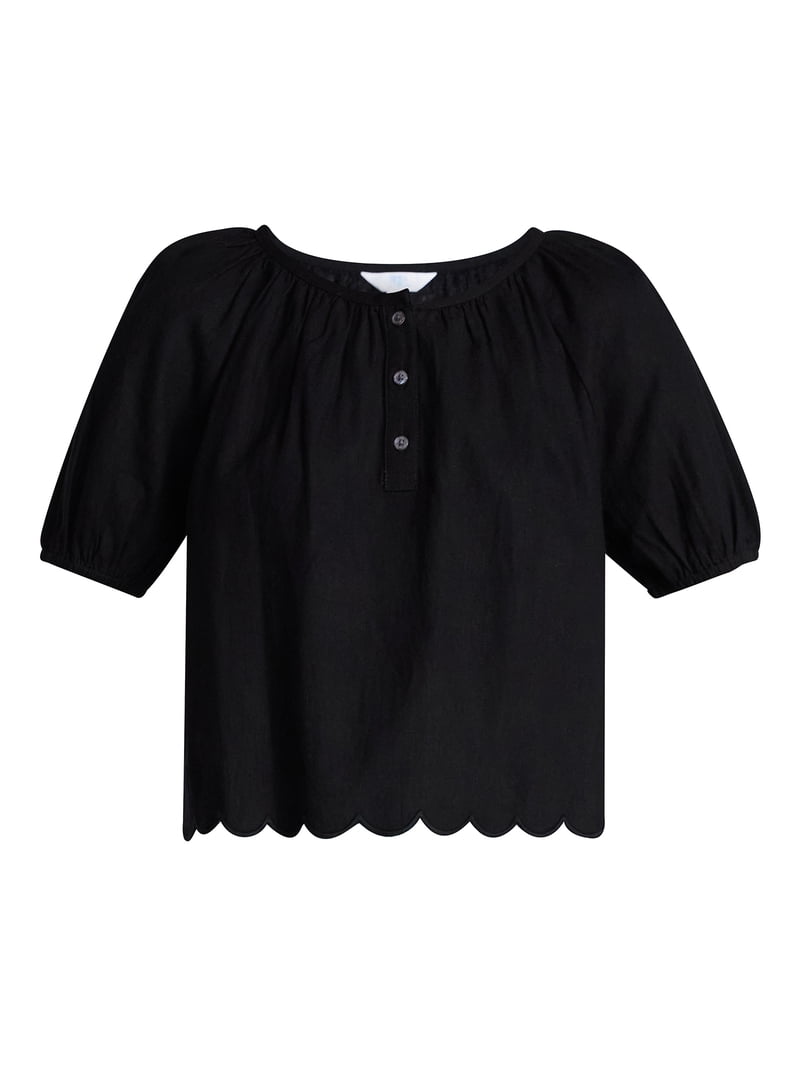 Time and Tru Women's Linen Blend Blouse with Scalloped Hem, Sizes