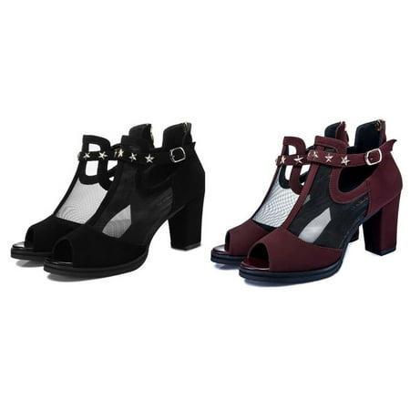 

Women s Pump Sandals Comfortable PU Peep-toe Mesh Shoes for Dresses Jeans Skirts Short Pants 38 Black