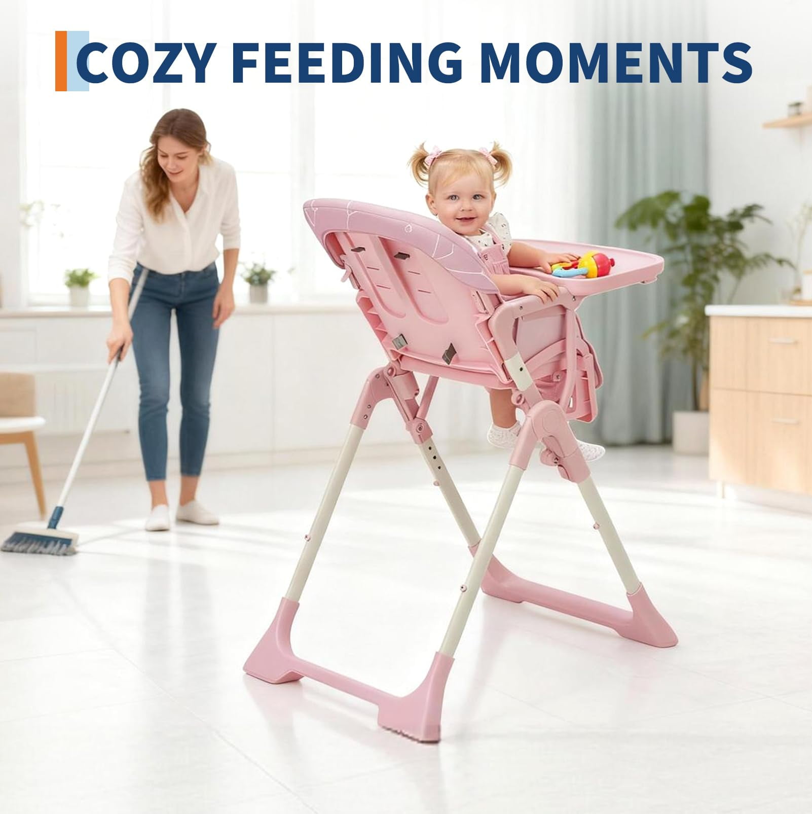 Collapsible Baby High Chair for Feeding – Adjustable Height, Backrest & Footrest, Removable Tray, Compact Fast Folding, Safe for Babies & Toddlers, Easy Clean