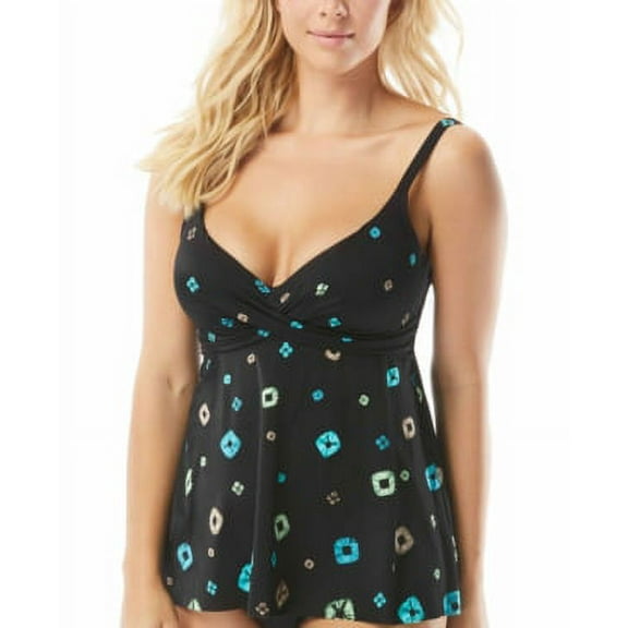CONTOURS Women's Black Printed Stretch Deep V Neck Adjustable Tankini Swimsuit Top 16