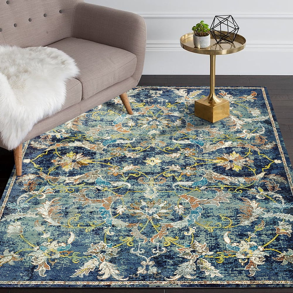 LR Home Gala Distressed Floral Blue Navy Multi Indoor Area Rug (8' x 10