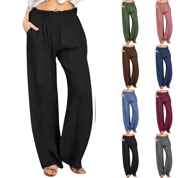 ZHYou Women's Linen Pants Wide Leg High Waisted Elastic Waist Casual Loose Fit Palazzo Trousers with Pockets,Black,Size L