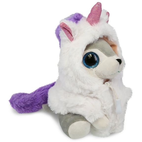DolliBu Sparkle Eyes Wolf Unicorn Plush Stuffed Animal Toy - Super Soft Wolfcorn Dress Up with Removable Plush Unicorn Outfit, Cute Fantasy Wildlife Gift - 8 Inches