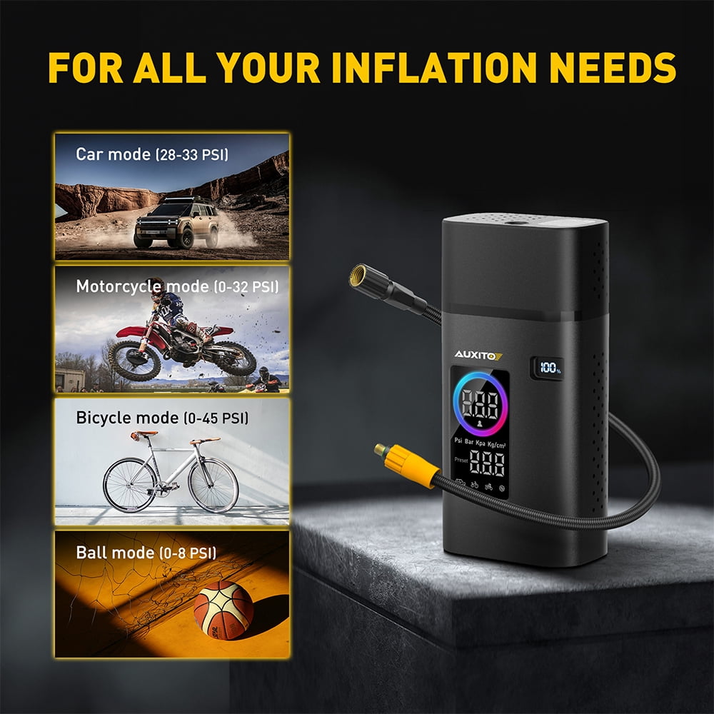 AUXITO Tire Inflator Portable Air Compressor, 150 PSI Cordless Air Pump with 7800mAh Rechargeable Battery for Car, Truck, Motorcycle Tires & Ball,  Compact Bike Pump