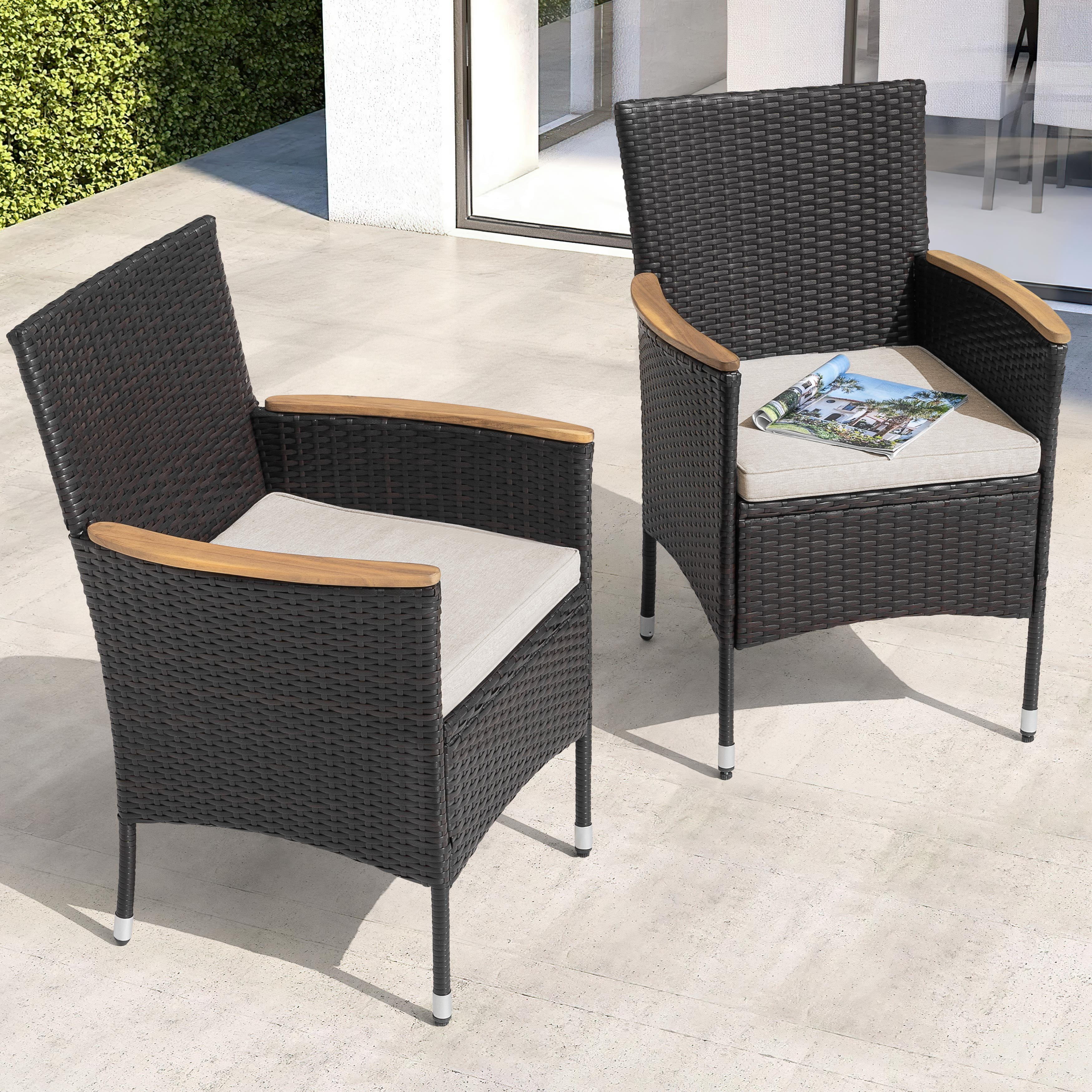 Nuu Garden Patio Chairs Set of 2, Outdoor Dining Chairs with Handwoven Wicker and Acacia Wood Armrests, All Weather Dining Chairs with Cushions for Outside, Black and Beige